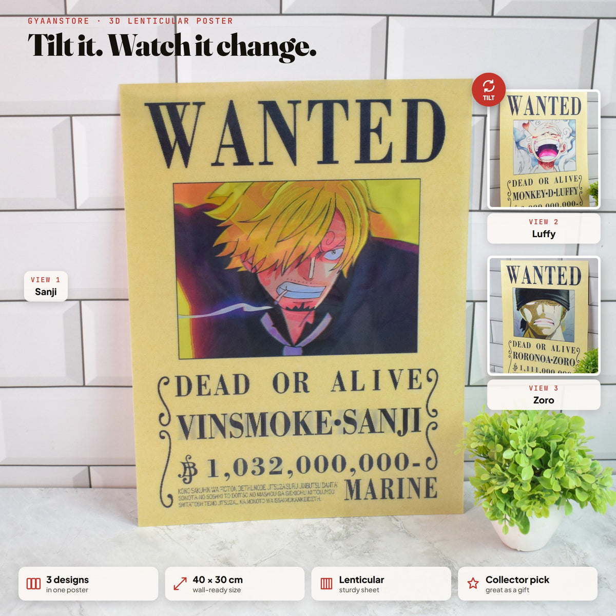 One Piece Wanted (Sanji, Luffy & Zoro) 3D Lenticular A3 Poster – tilt to see all 3 designs