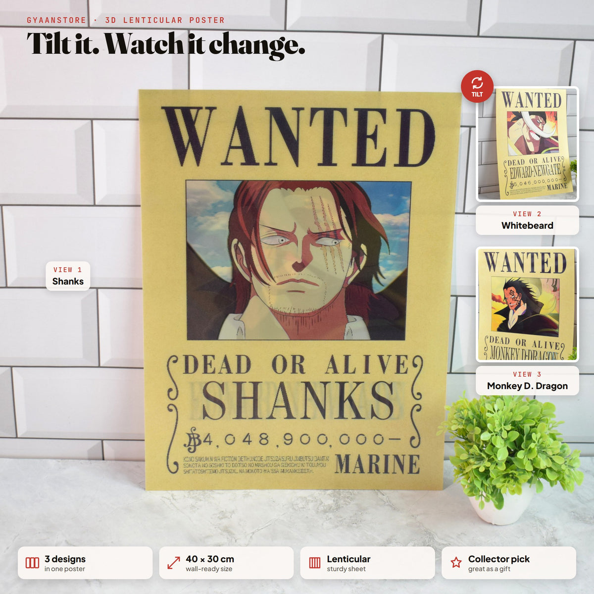 One Piece Wanted (Shanks, Whitebeard & Dragon) 3D Lenticular A3 Poster – tilt to see all 3 designs