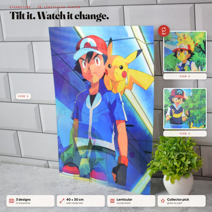 Pokémon Ash & Pikachu 3D Lenticular A3 Poster – tilt to see all 3 designs