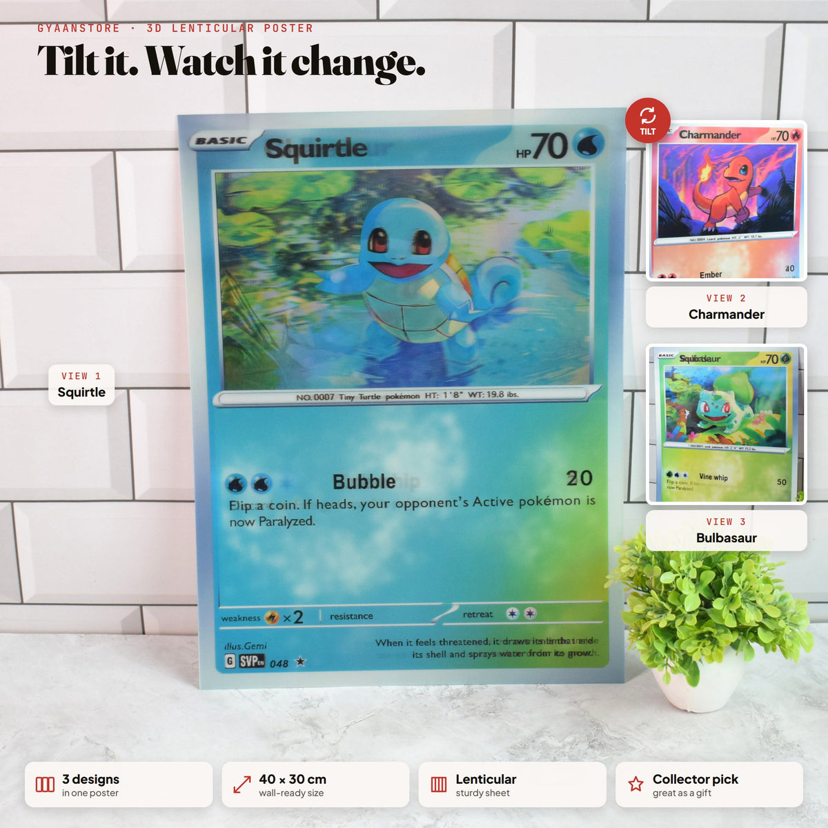Pokémon Card Squirtle, Charmander & Bulbasaur 3D Lenticular A3 Poster – tilt to see all 3 designs
