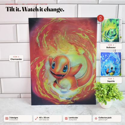 Pokémon Charmander, Bulbasaur & Squirtle Elements 3D Lenticular A3 Poster – tilt to see all 3 designs