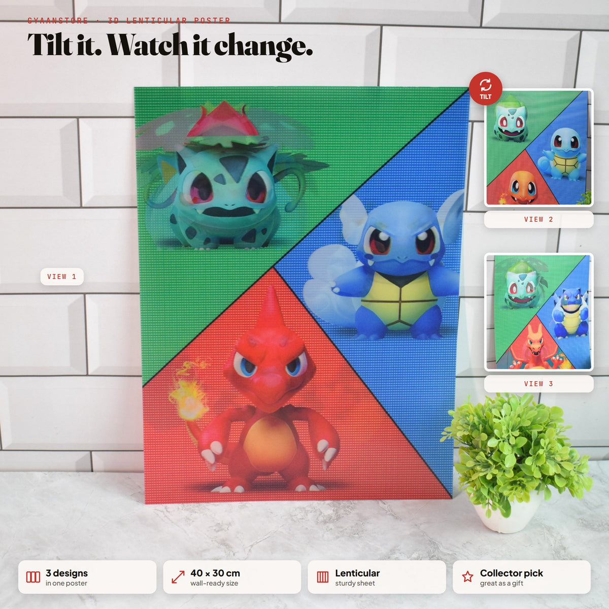Pokémon Kanto Starters Evolution 3D Lenticular A3 Poster – tilt to see all 3 designs