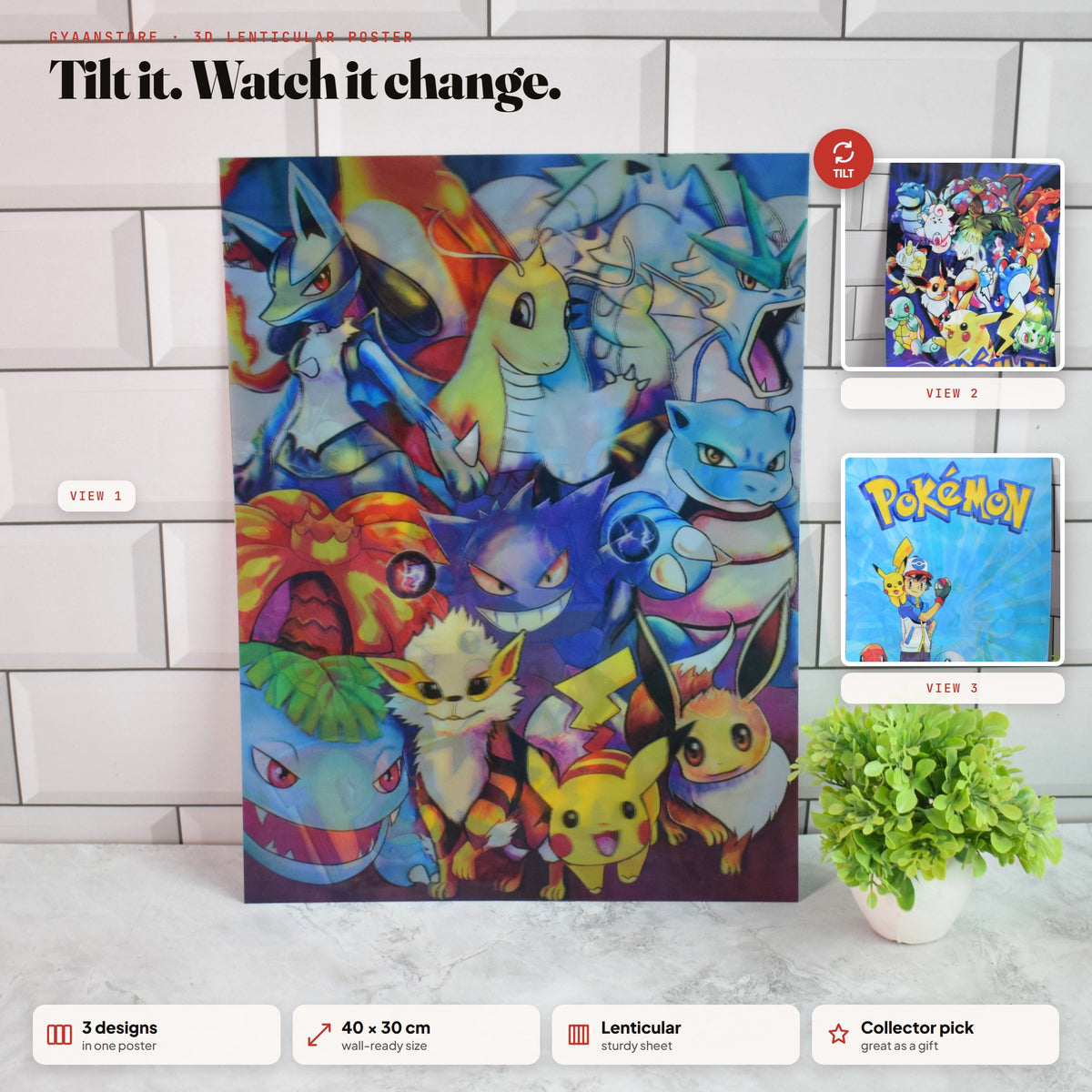 Pokémon Pikachu & Friends Collage 3D Lenticular A3 Poster – tilt to see all 3 designs