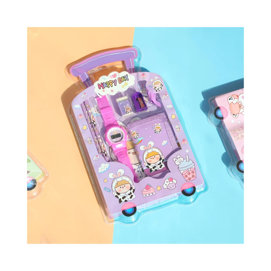 Happy Day Kids Stationery Travel Kit with Digital Watch & Pencil Case (Purple Theme)