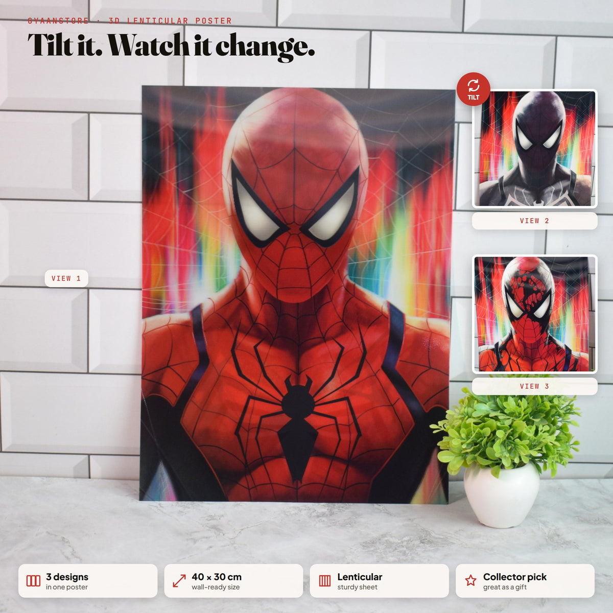 Spider-Man Black Suit Symbiote 3D Lenticular A3 Poster – tilt to see all 3 designs