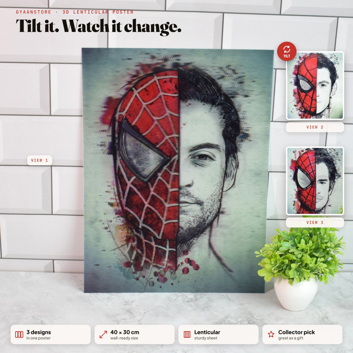 Spider-Man Three Actors Half-Mask 3D Lenticular A3 Poster – tilt to see all 3 designs