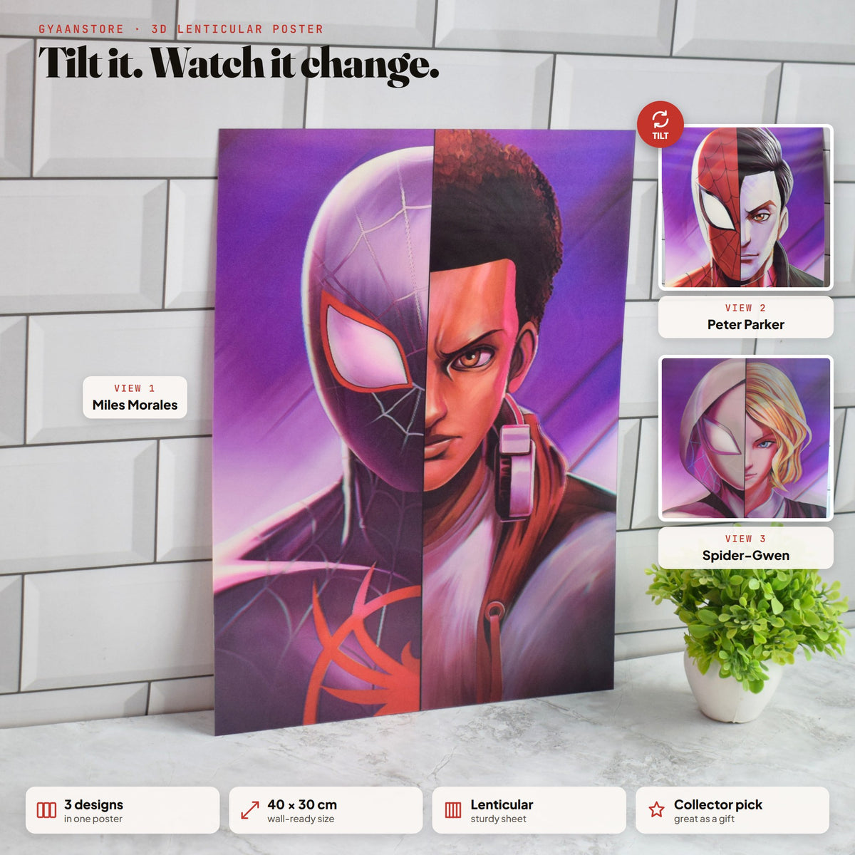 Spider-Verse Miles, Peter & Gwen Half-Face 3D Lenticular A3 Poster – tilt to see all 3 designs