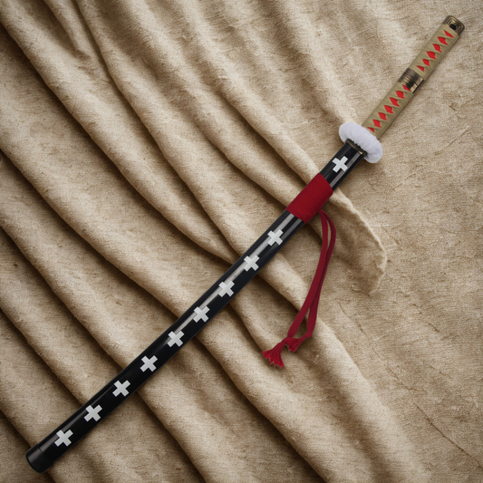 Golden-hilted Trafalgar D. Law Kikoku Wooden Katana from One Piece with white fur guard and black sheath featuring white crosse