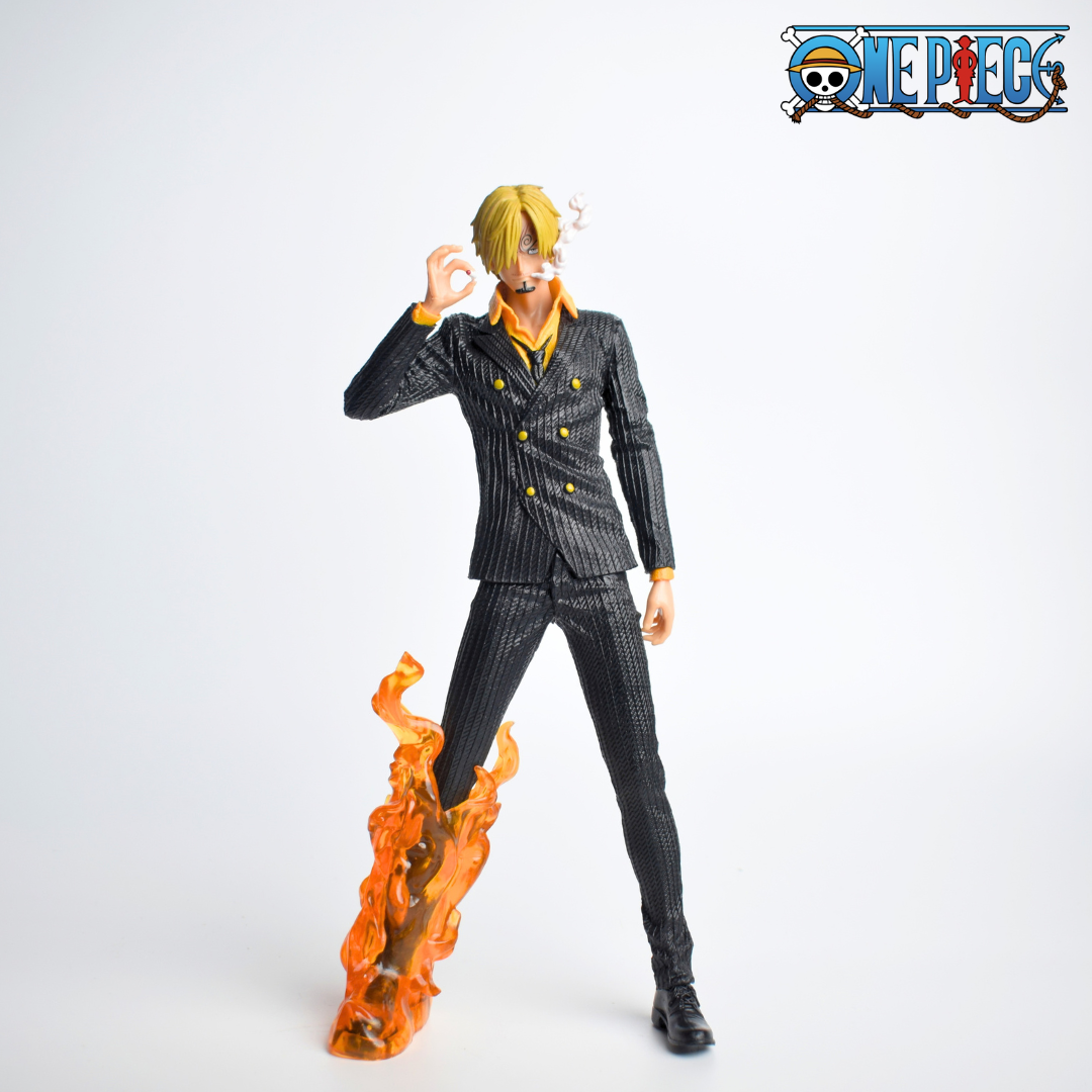 Vinsmoke Sanji Black Action Figure - full figure in black pinstripe suit with flame effect on leg and One Piece logo