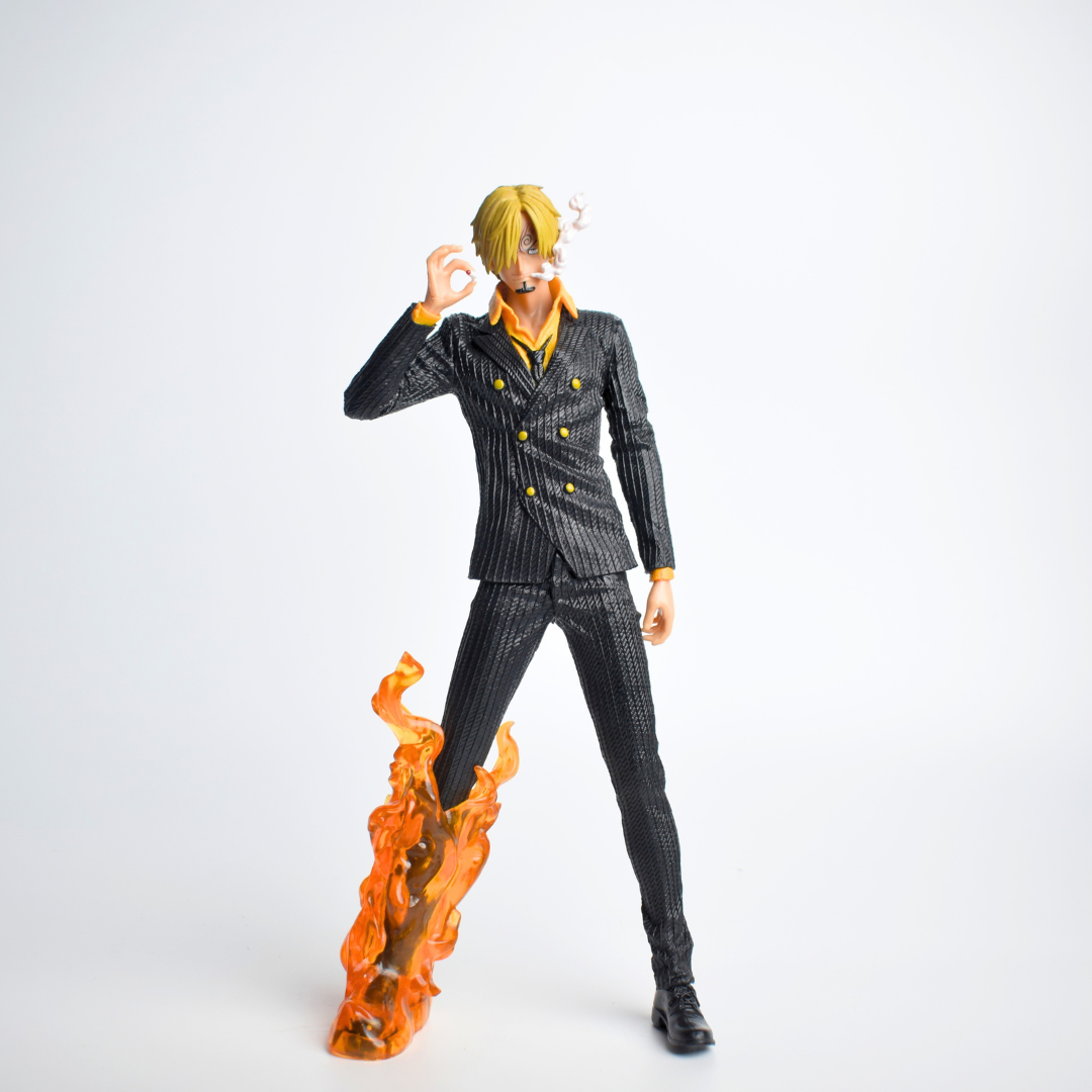 Vinsmoke Sanji Black Action Figure - full figure front view in black pinstripe suit with flame effect on leg