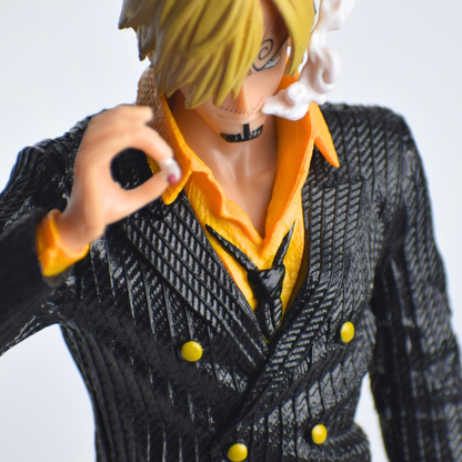 Vinsmoke Sanji Black Action Figure - upper body close-up of pinstripe jacket with yellow buttons and orange shirt