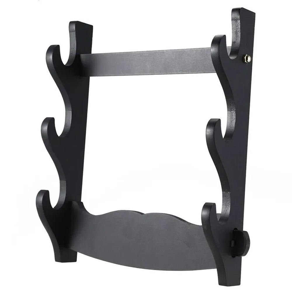 Wall Mount Katana Holder – Three Layer Sword Display Rack (Black) - assembled holder with three tiers of curved hooks, front angle