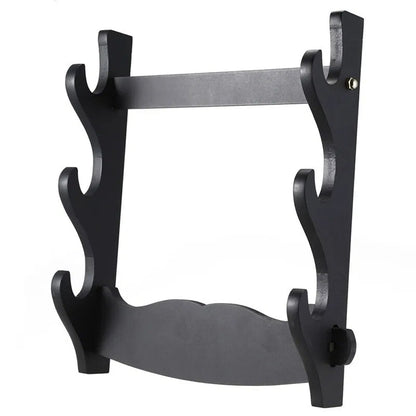 Wall Mount Katana Holder – Three Layer Sword Display Rack (Black) - assembled holder with three tiers of curved hooks, front angle