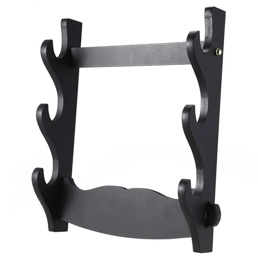 Wall Mount Katana Holder – Three Layer Sword Display Rack (Black) - assembled holder with three tiers of curved hooks, front angle