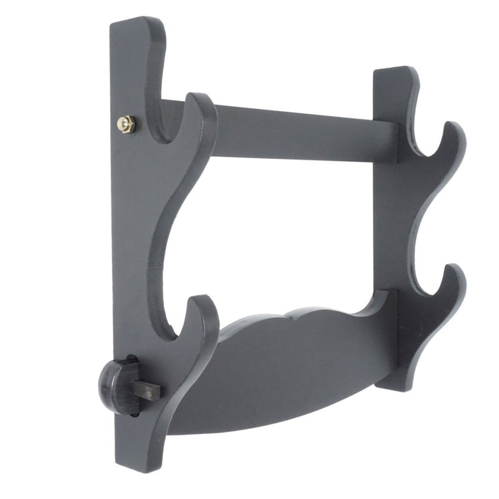 Wall Mount Katana Holder – Two Layer Sword Display Rack (Black) - assembled holder with two tiers of curved hooks