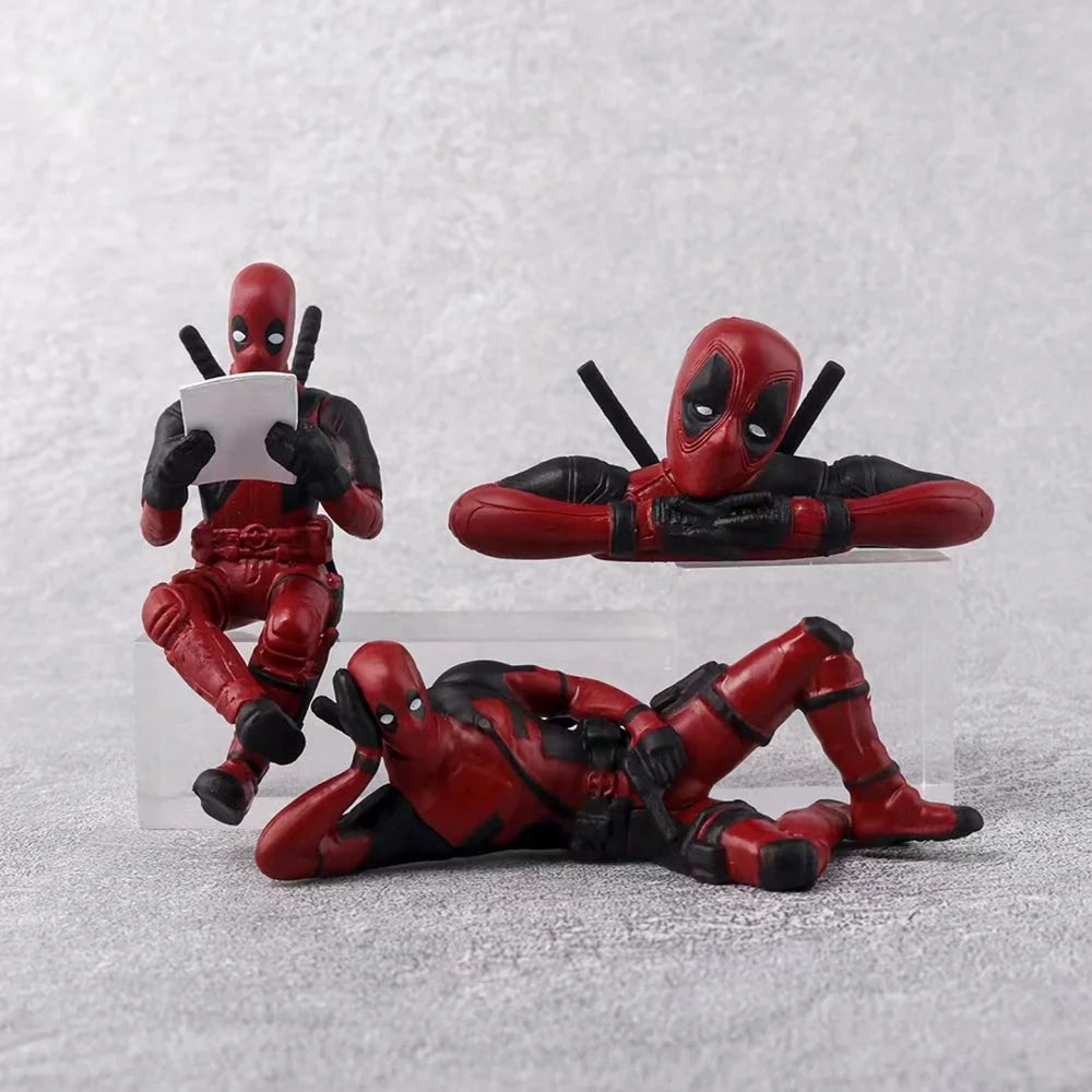 Deadpool Mini Figures Set of 3 – Reading, Lounging & Lying Desk and Car Dashboard Collectible