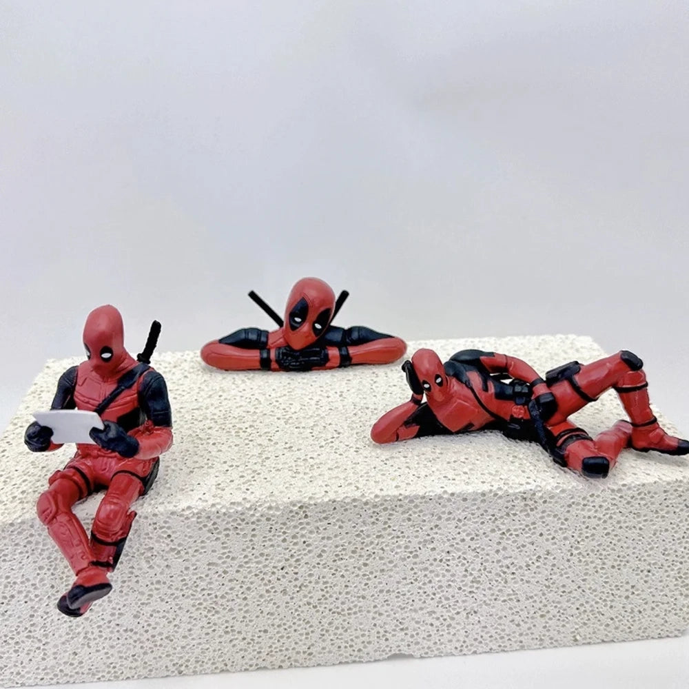 Deadpool Mini Figures Set of 3 – Reading, Lounging & Lying Desk and Car Dashboard Collectible